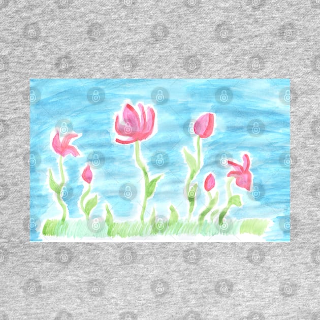 Beautiful watercolor painted pink flowers on a blue background by grafinya